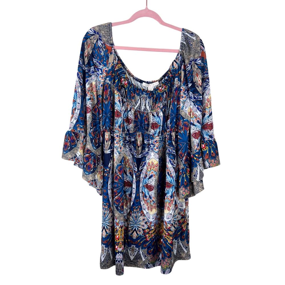 Boho Peacock Print Bell Sleeve Peasant Dress Flowy‎ Festival XL